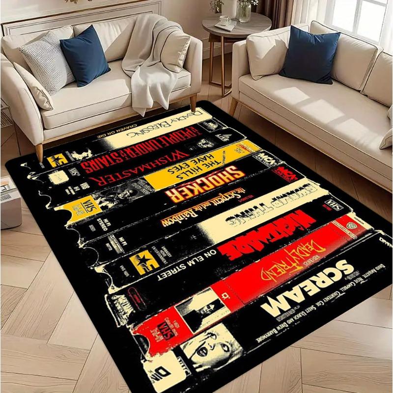Retro Horror Movie Rug Vintage Tape Cover Pattern Nostalgic 90s Home Decor Carpet Soft Non-Slip Floor Mat for Living Room