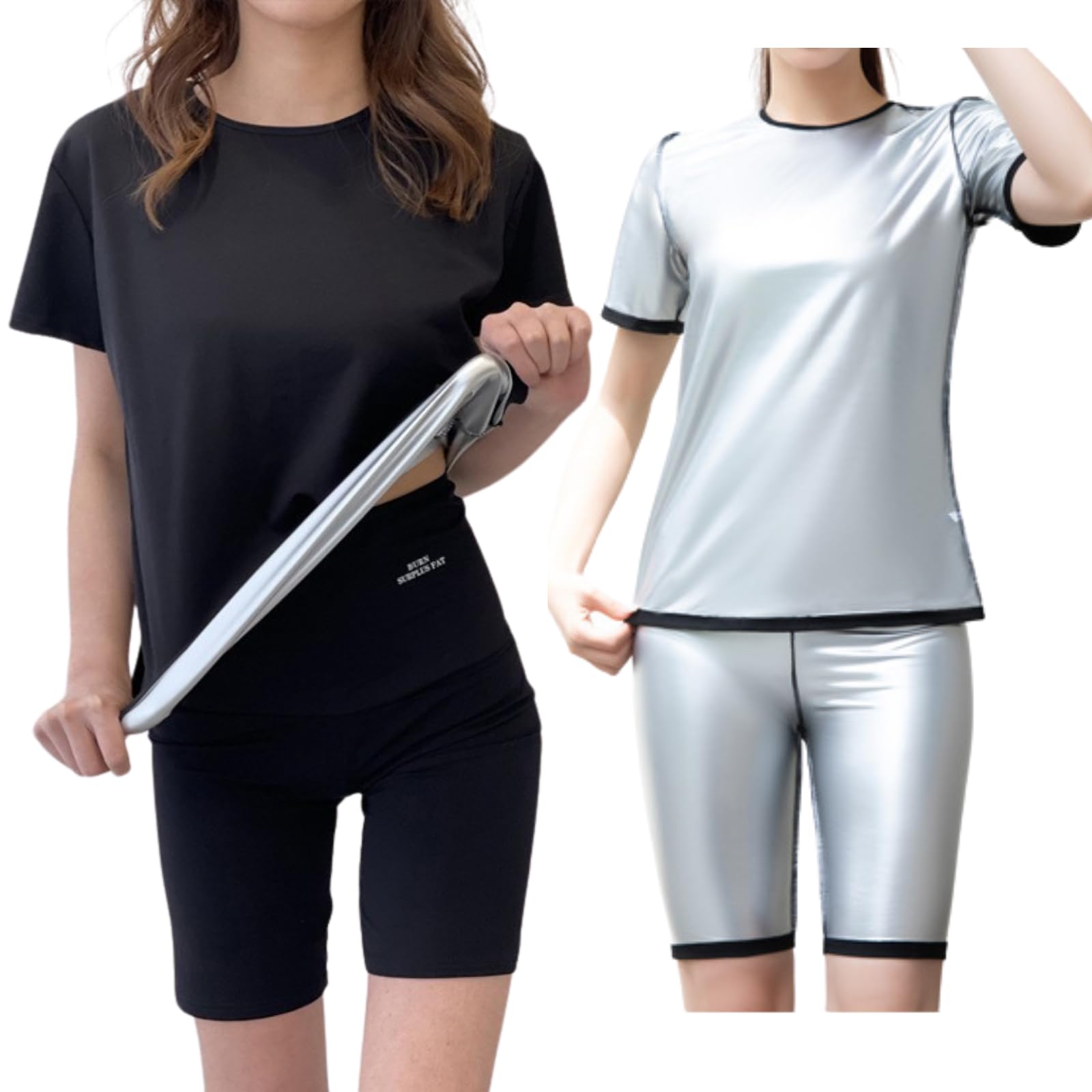 

Gorcre Сауна с короткими рукавами и небольшим весом для тренировок, тяжелая, машинная стирка, размер женский костюм, набор из 2 предметов, шорты, размер, уменьшающий пот, потеря, носка, чёрный