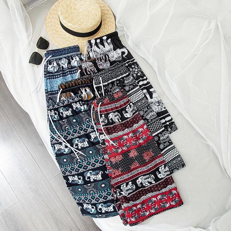 Elephant Pants Shorts Casual Adjustable Elastic High Waistband Strap Rope Women Men Unisex Print Thailand Streetwear Beach Bohemian Retro Vintage