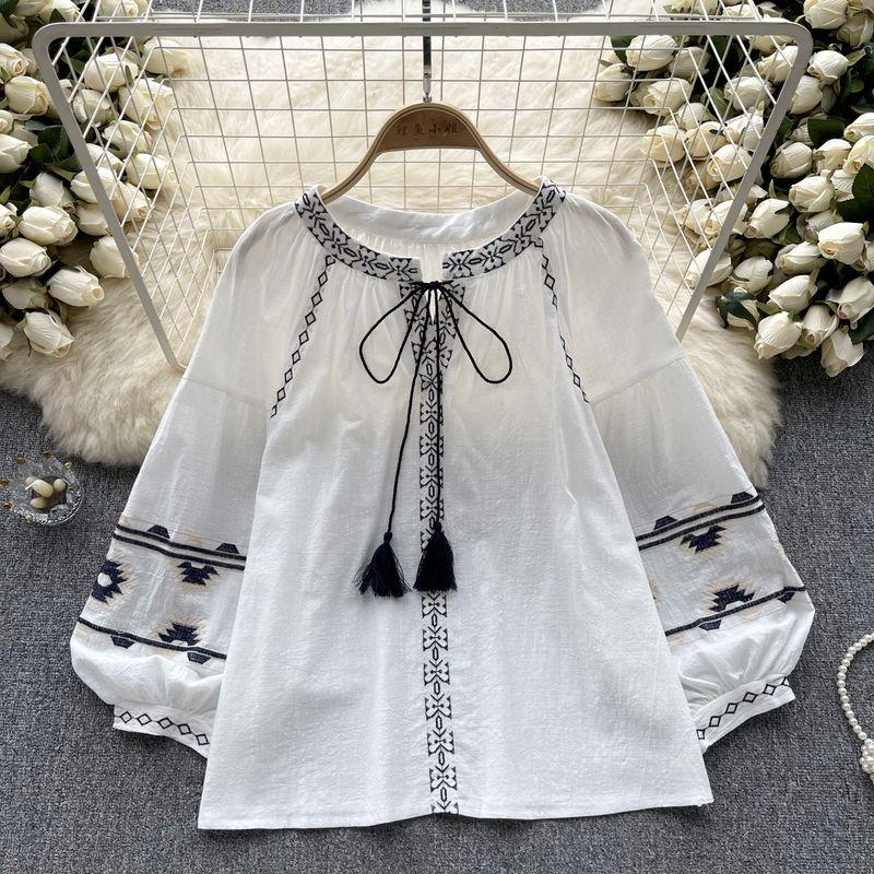 

Retro Ethnic Style Long Sleeve Loose Slimming and All-Matching Embroider White One size