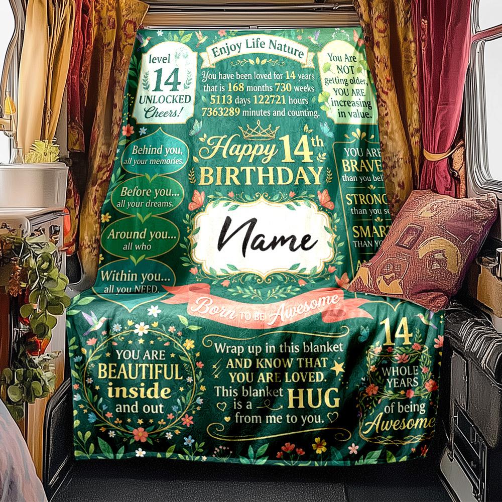 Happy 14Th Birthday Celebration Blanket Personalized Name Soft Comfortable Stylish Blanket Car Blanket Perfect For Travel Camping Outdoor Home