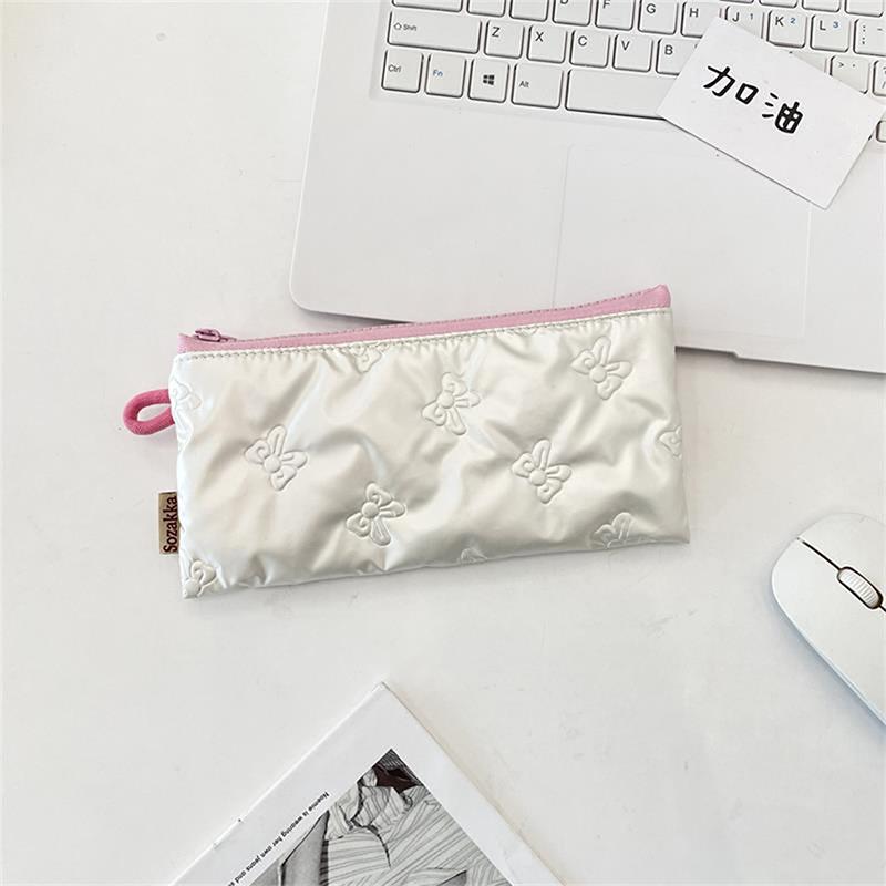 Sweet Quilted Bow Love Flap Pencil Case Organizer Coin Purse  Girly Cosmetic Bag Women Portable Sundries Storage Bag Gift