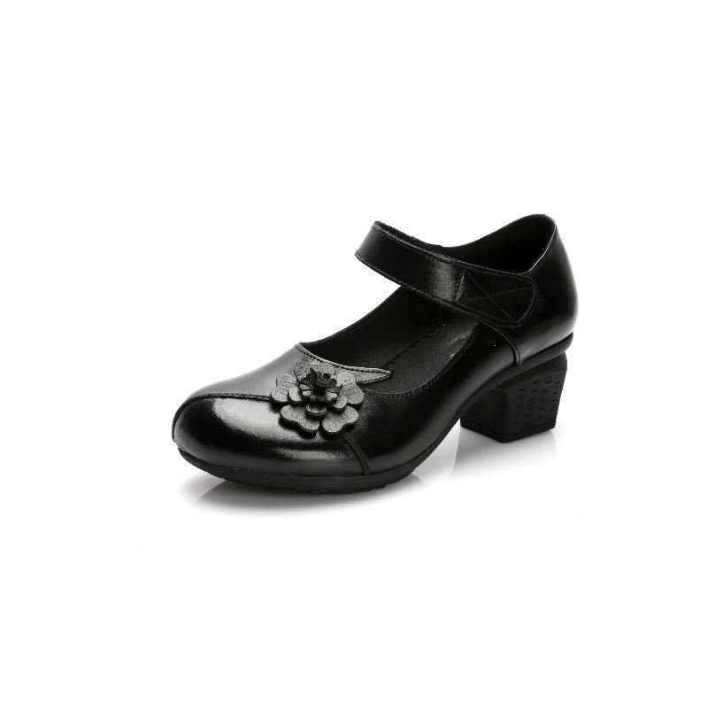 Leather shoes retro literary women's shoes pure cowhide medium heel shallow mouth single shoes medium Mary Jane mother shoes