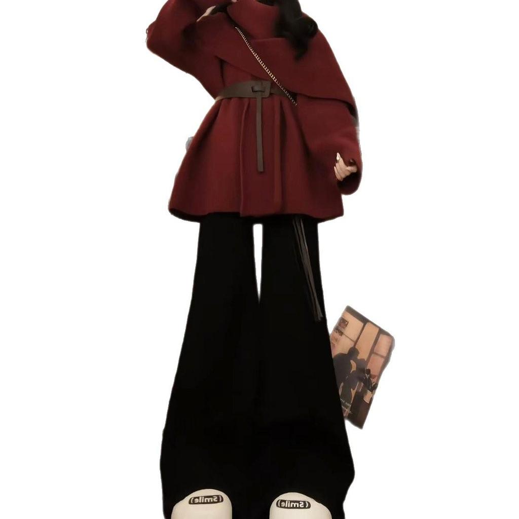 Korean Style Red Woolen Shawl Coat & Flared Pants Christmas Outfit
