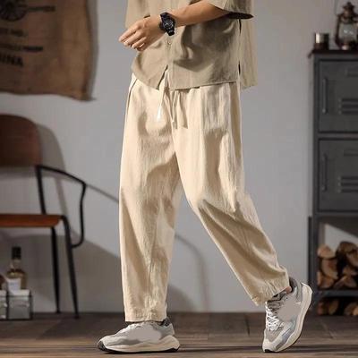 Japenese Cotton Linen Pants Men Summer Straight Casual Ice Silk Sweatpants Male Wide Leg Oversize Linen Trousers