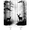 Deer Shower Curtain Foggy Forest Wildlife Hunting Moon Mountain Rustic Lodge Country Farmhouse Pine Tree Outdoor Gray Bathroom Decor Fabric Curtains
