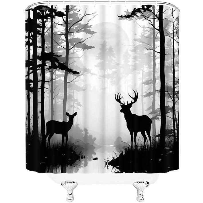 Deer Shower Curtain Foggy Forest Wildlife Hunting Moon Mountain Rustic Lodge Country Farmhouse Pine Tree Outdoor Gray Bathroom Decor Fabric Curtains