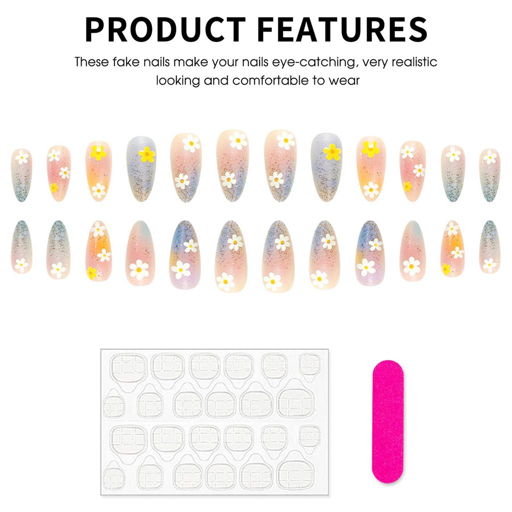 Colored Gradient Glitter Flower Glossy Tear-drop Press-On Nails 24 Pieces Resin Material Comfortable Fit
