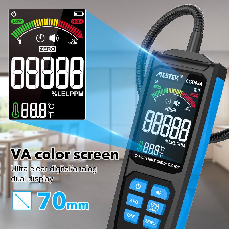 CGD05A Combustible Gas Detector LPG Meter VA Color Screen Gas Analyzer Charging PPM LEL Unit Triple Alarm Natural Gas Leak Meter