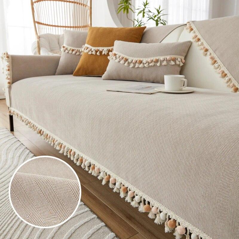 Cotton Ball Tassels Couch Mat Comfortable Non Slip Dustproof Sofa Towel Versatile Living Room Decoration Daybed Cushion