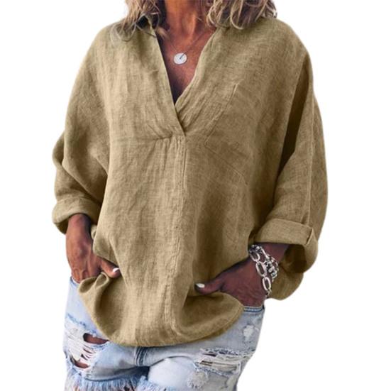 

V Neck Pullover Women Shirt Skin-friendly Long Sleeve Solid Color Loose Blouse Ladies Clothing M хакі