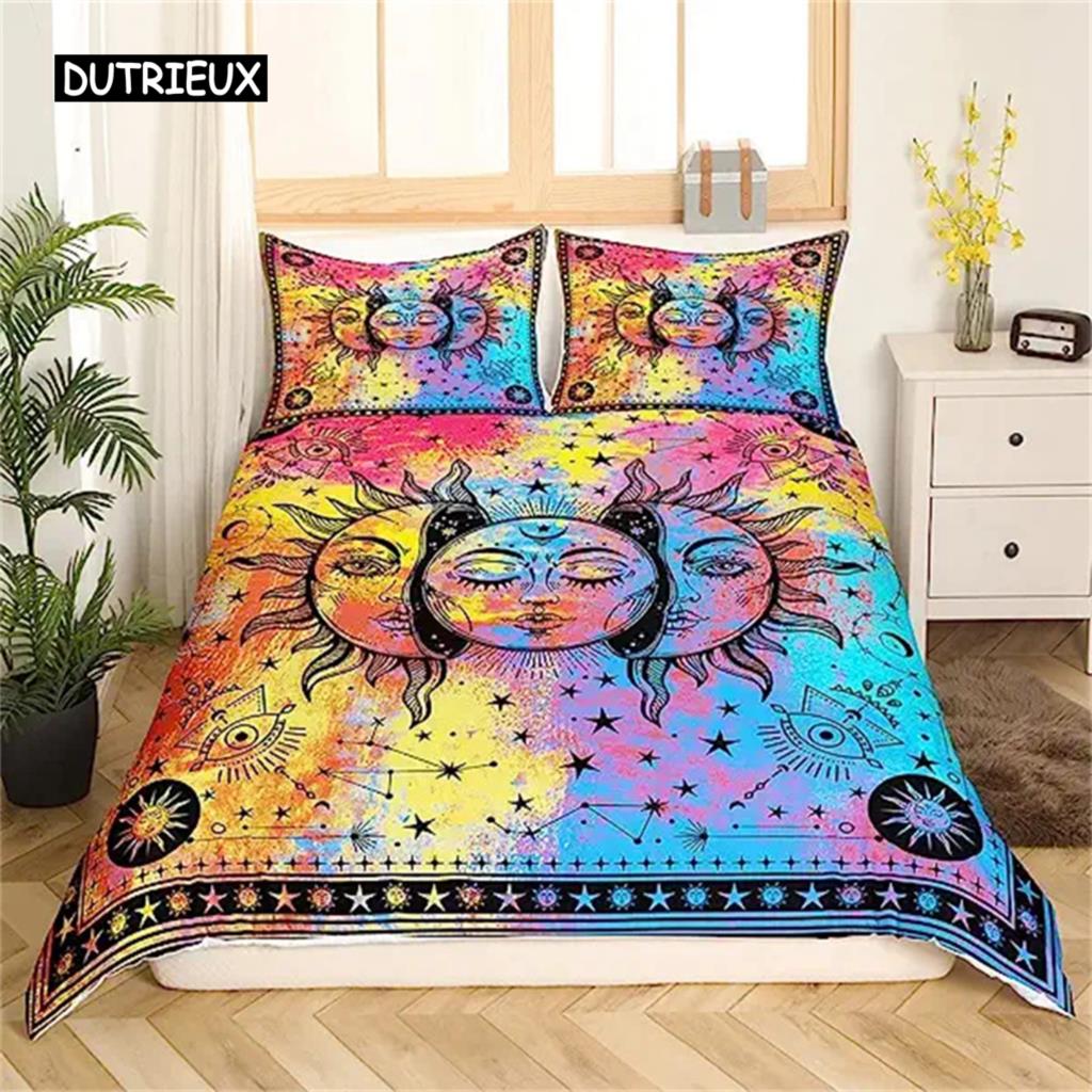 Duvet Cover Yellow Sun And Moon Sunflower Duvet Cover Vintage Indian Boho Floral Bedding Colored Mandala Tribe Bohemian Style