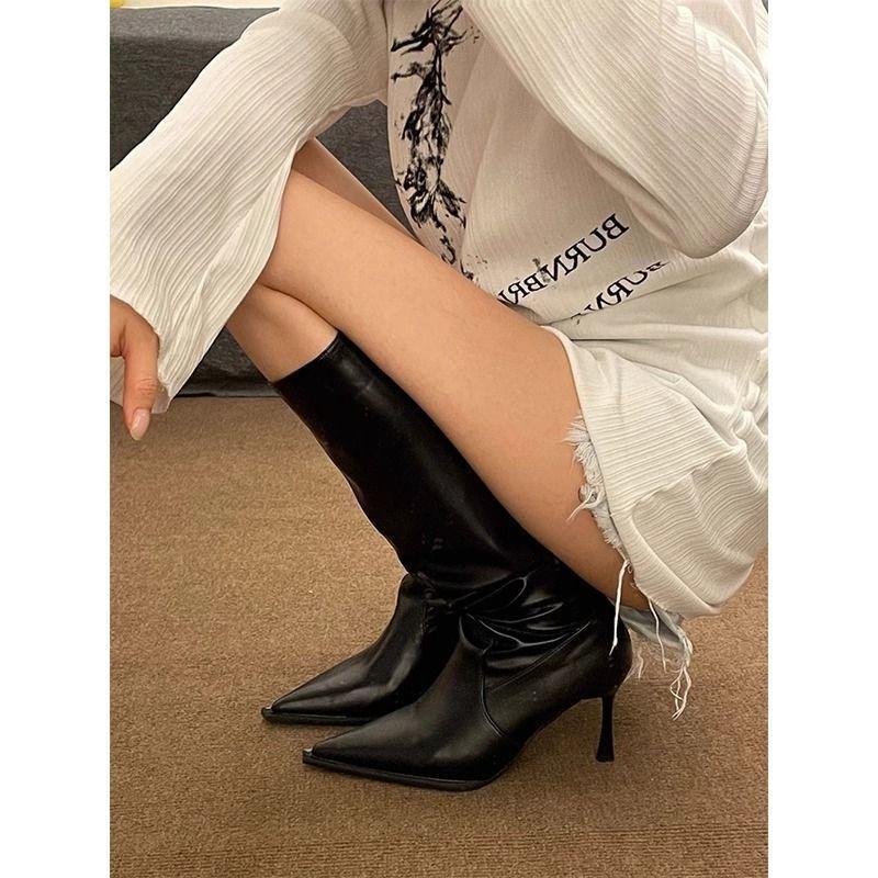 Spitze Stiletto-Stiefel Damen Weiße Plissee-Stiefel High Heel Stiefel Damen Stiefel zum Reinschlüpfen Kniehohe Reiterstiefel