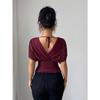 Women Solid Deep V Neck Short Sleeve Cinched Waist Sexy Casual Fitted Top