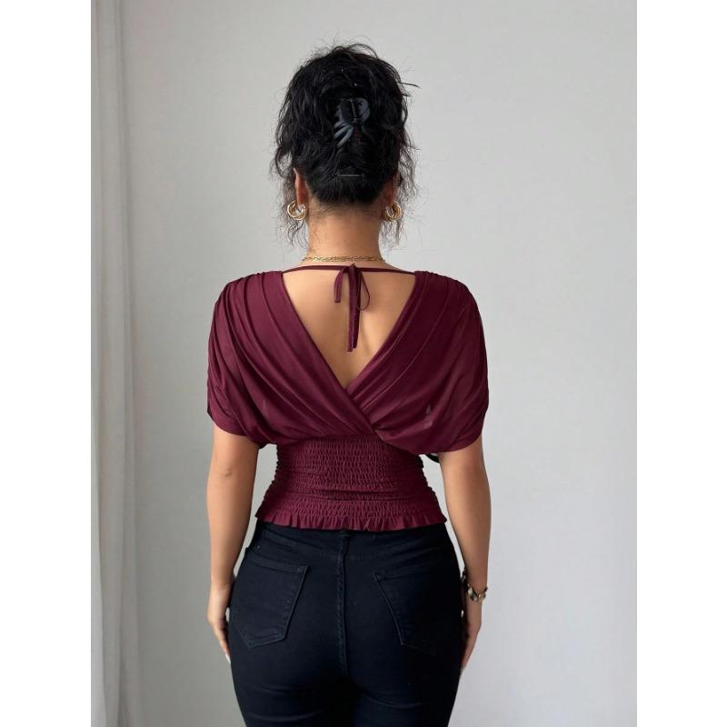 Women Solid Deep V Neck Short Sleeve Cinched Waist Sexy Casual Fitted Top