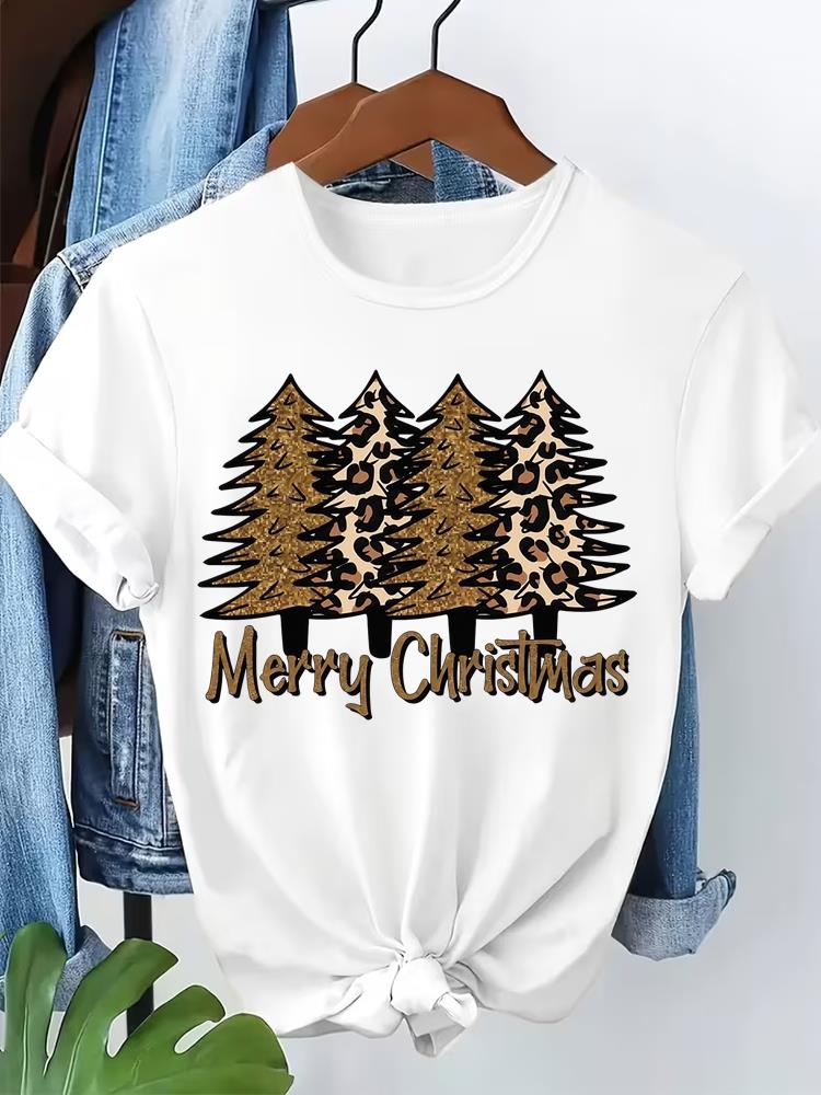 (Asian Size) tree cute style T Shirt Print Fashion Merry Christmas Women's Top Short Sleeve T-shirts O-neck Casual New Year Clothing Graphic Tee