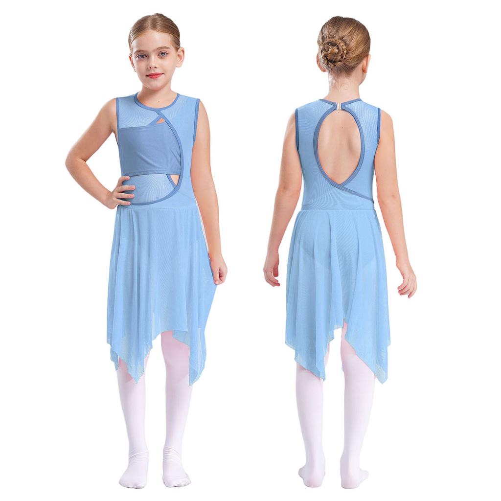 Kids Girls Lyrical Modern Contemporary Dance Dress Ballet Leotard Dress Cut Out Front Backless Mesh Tulle Skirt
