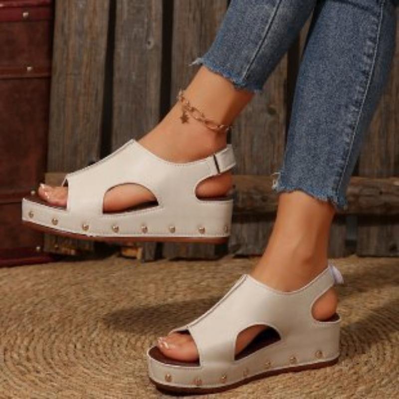 New Women's Shoes Muffin Thick-soled Wedge Sandals Women's Velcro Rivets Flat-bottomed Fish Mouth Sandals