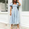 Women Dress Plaid Print Puffy Sleeve Square Collar High Waist Summer Swing Dress for Party