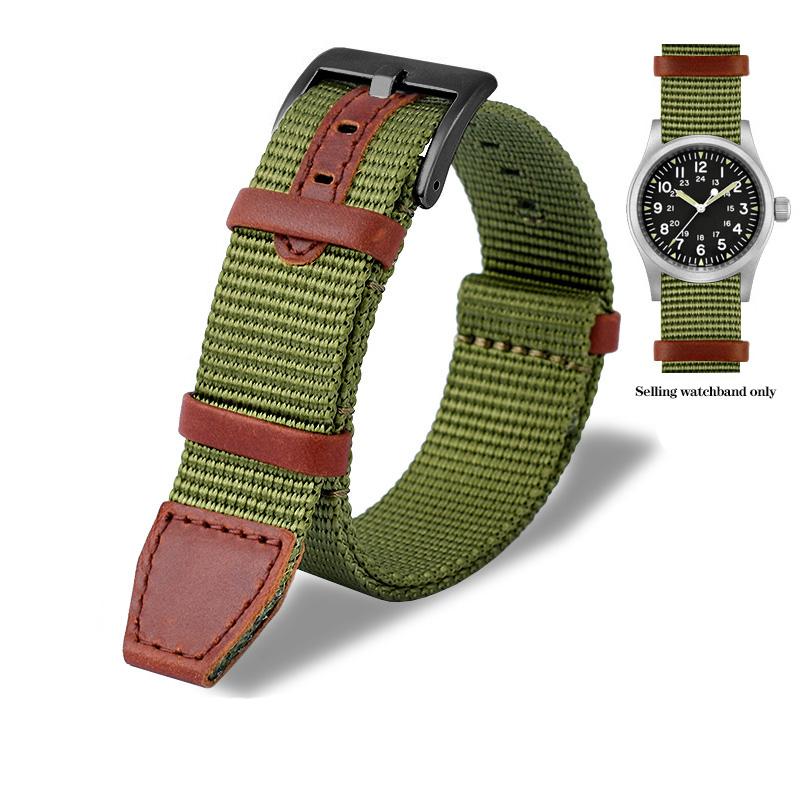 20mm 22mm Woven Nylon +Genuine Leather Strap for Hamilton Khaki Green Field Watch H69439931 441 Men Outdoor Sport Watchband