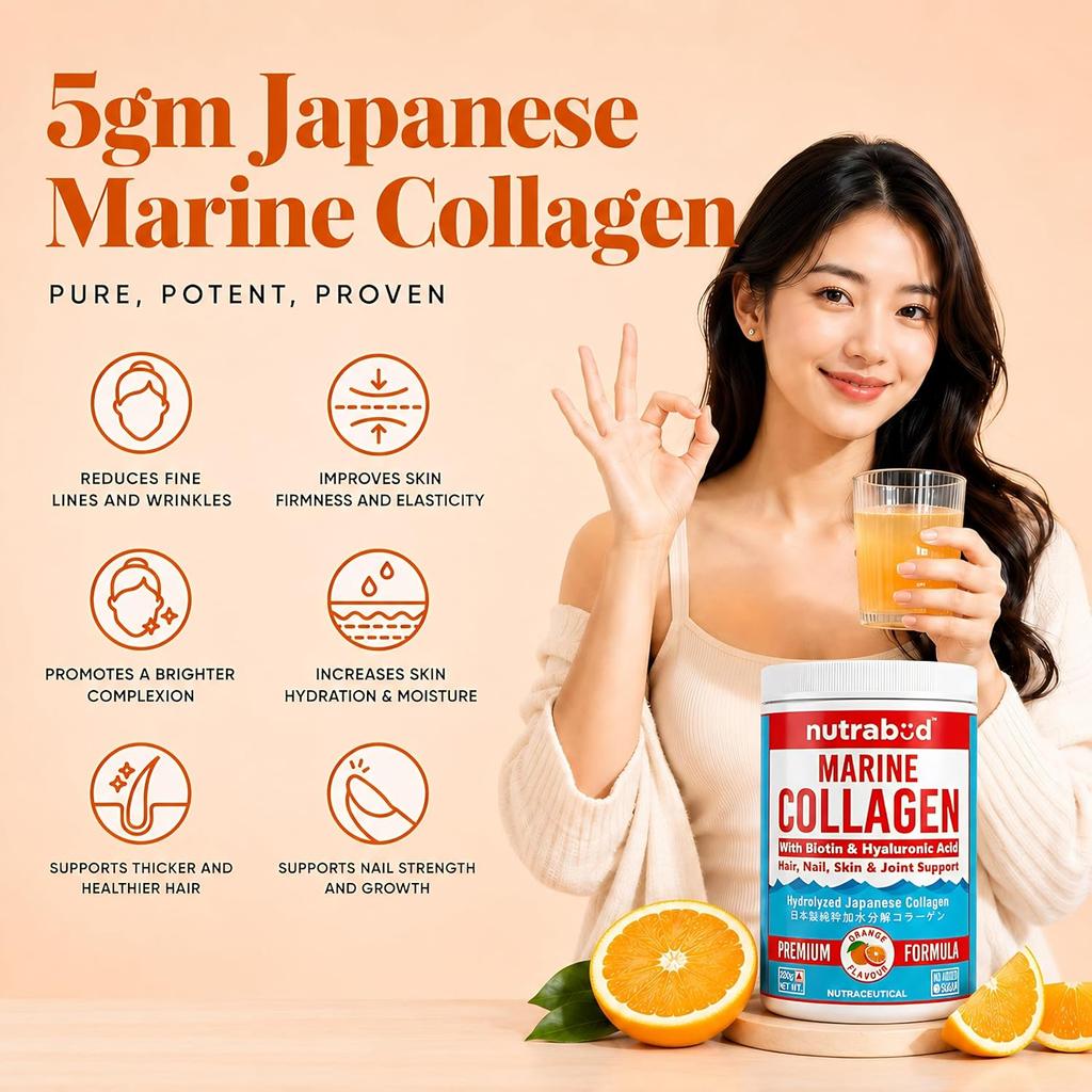 Nutrabud Japanese Marine Collagen Peptides Powder Orange Flavor Supplement For Skin Hair And Nail Health 200g Pack Of 1