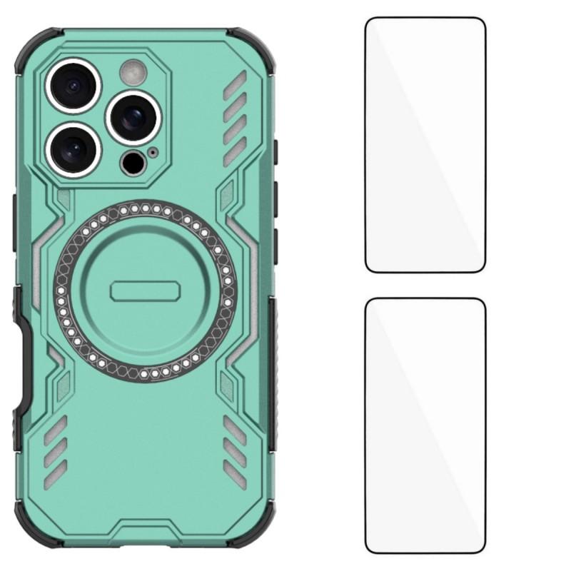 

For iPhone 16 Pro Magnetic Case WANLONFENG DJ Series PC TPU Phone Cover with 2Pcs Tempered Glass Film Green