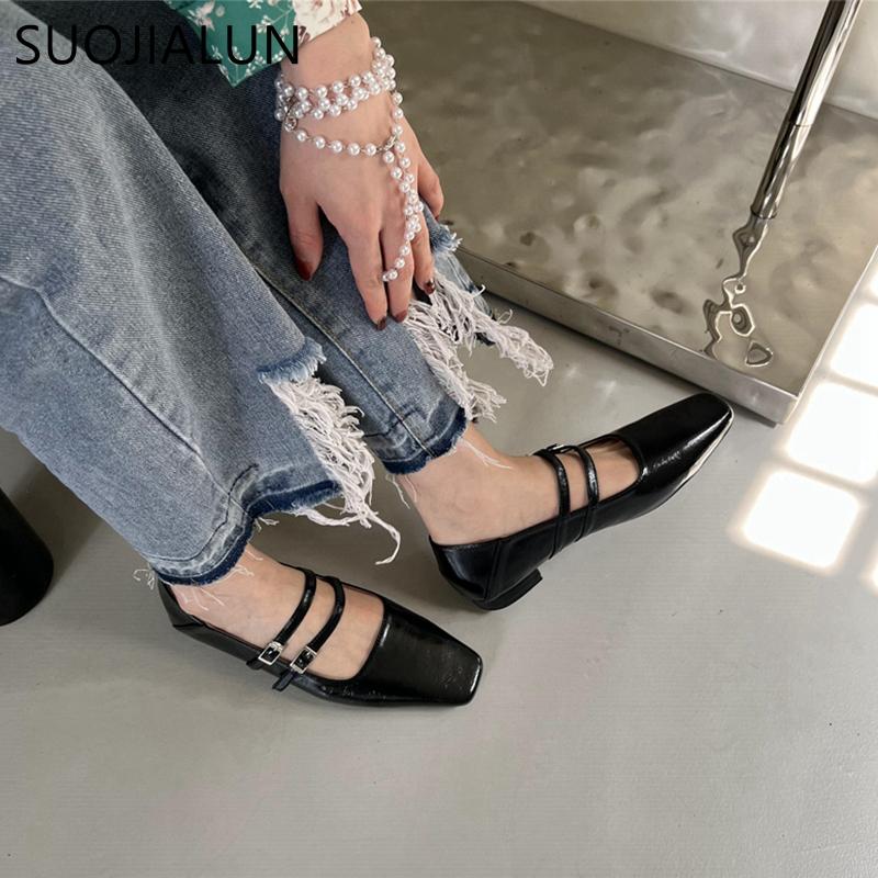 Fashion SUOJIALUN 2024 Spring New Women Flat Shoes Fashion Red Ladies Elegant Mary Jane Shoes Flat Heel Casual Dress Outdoor Ballerinas