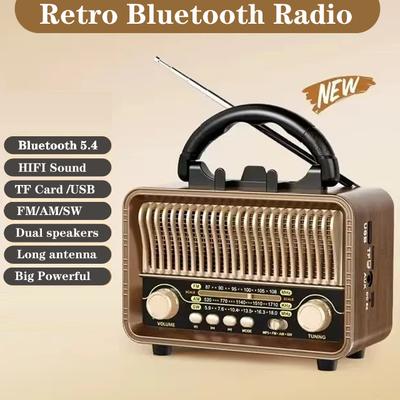 Retro Portable Radio Bluetooth Speaker  Desktop Wood Home Powerful Audio Gift TF/USB
