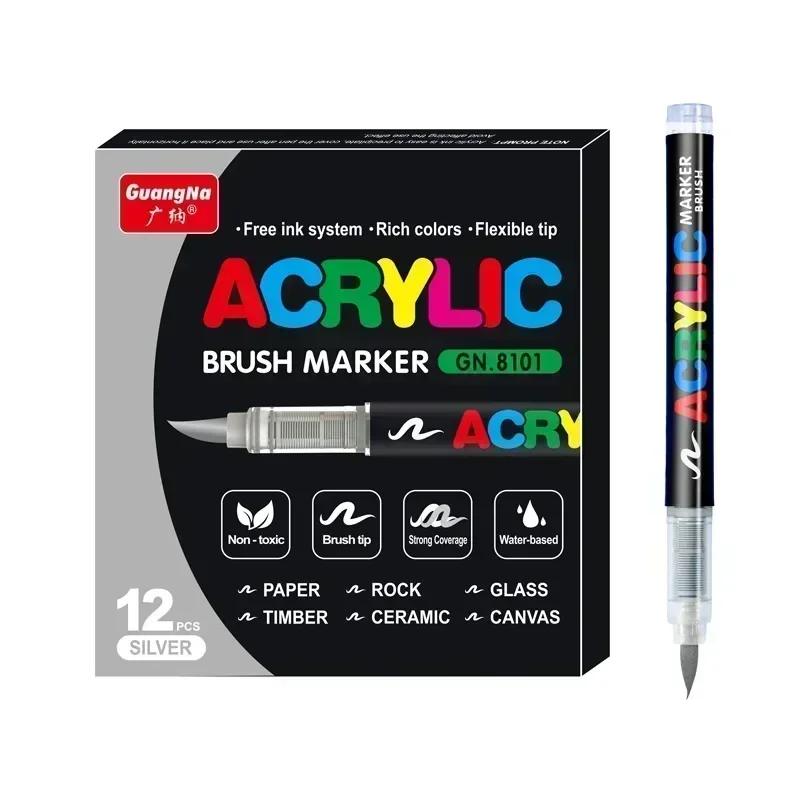 GUANGNA 168-12 Colors Acrylic Marker Pen for Rock Painting Brush Tip Paint Marker Christmas Markers Waterproof Art Supplies
