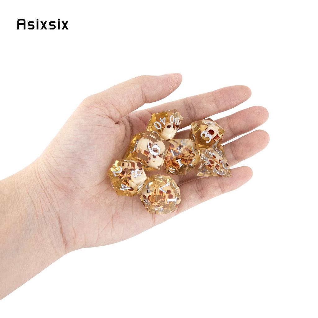 7 Pcs Yellow Skull Resin White Number Sharp Edge Dice Polyhedral Dice Suitable For Role-Playing Dice PropBoard Game Gift