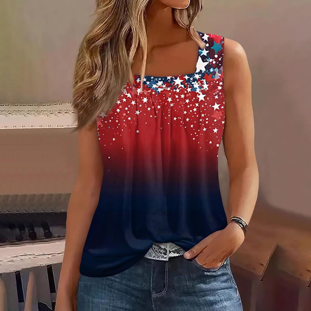 Square Collar Tank Top Women Print Tank Tee Casual Loose Fit Sleeveless Shirt