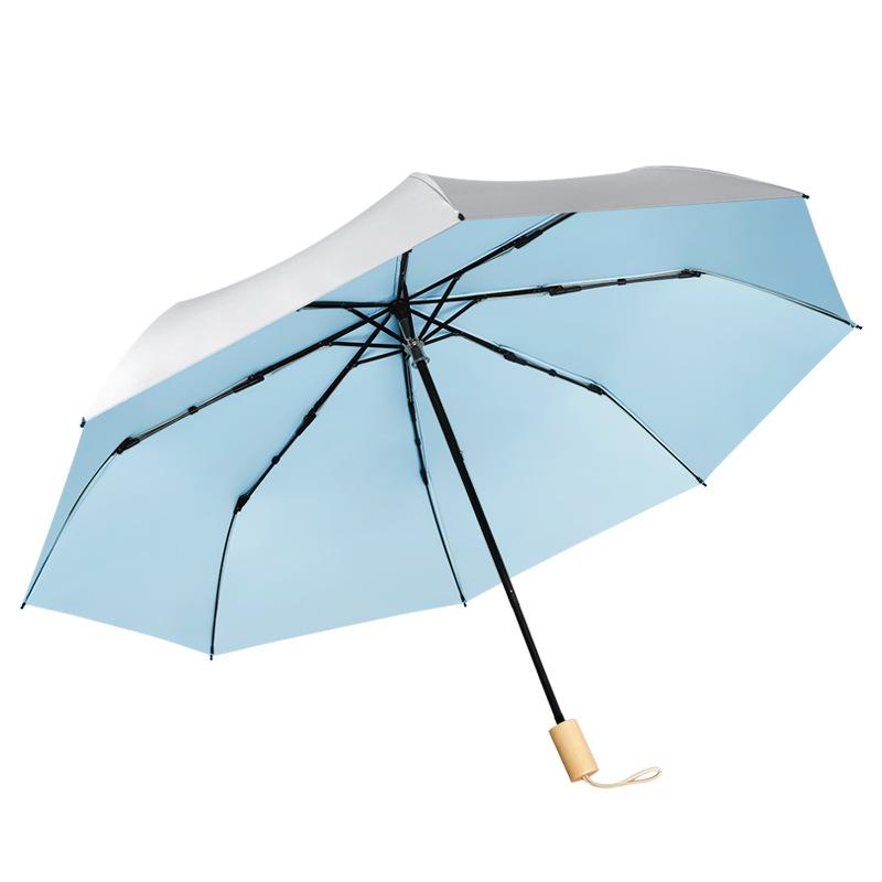 Solid color wooden handle three-fold umbrella wholesale 8-bone silver glue sun protection and UV protection folding umbrella manual umbrella