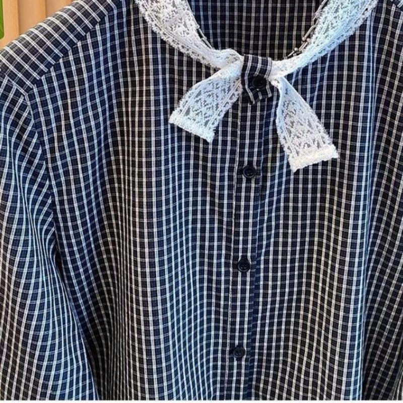 Black Checkered Women's Shirt Lace Bow Tie Front Open Button Ladies Long Sleeved Blouse Loose Casual Versatile Famale Top