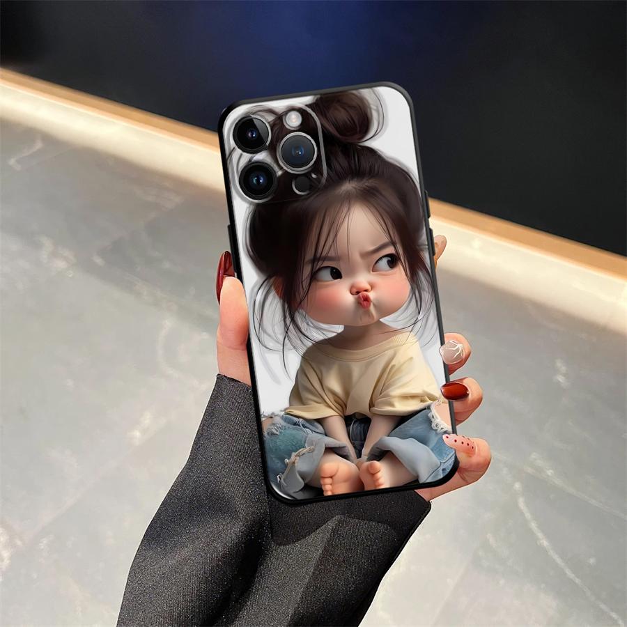 Cartoon Girl Pattern Case for iPhone XS Max XR 13 12 11 17 Pro Max 7 8 17Air 15 16 14 Plus Black Soft Phone Cover
