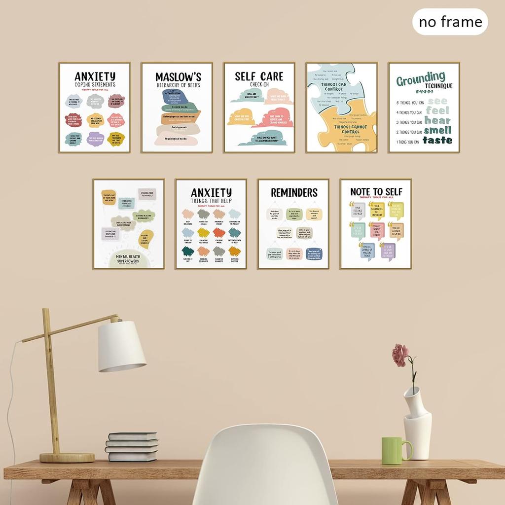 Outus 9 Pieces Mental Health Posters Anxiety Therapy Motivational Poster Psychologist Counselor pirational Posters Positive Quotes Wall Decor