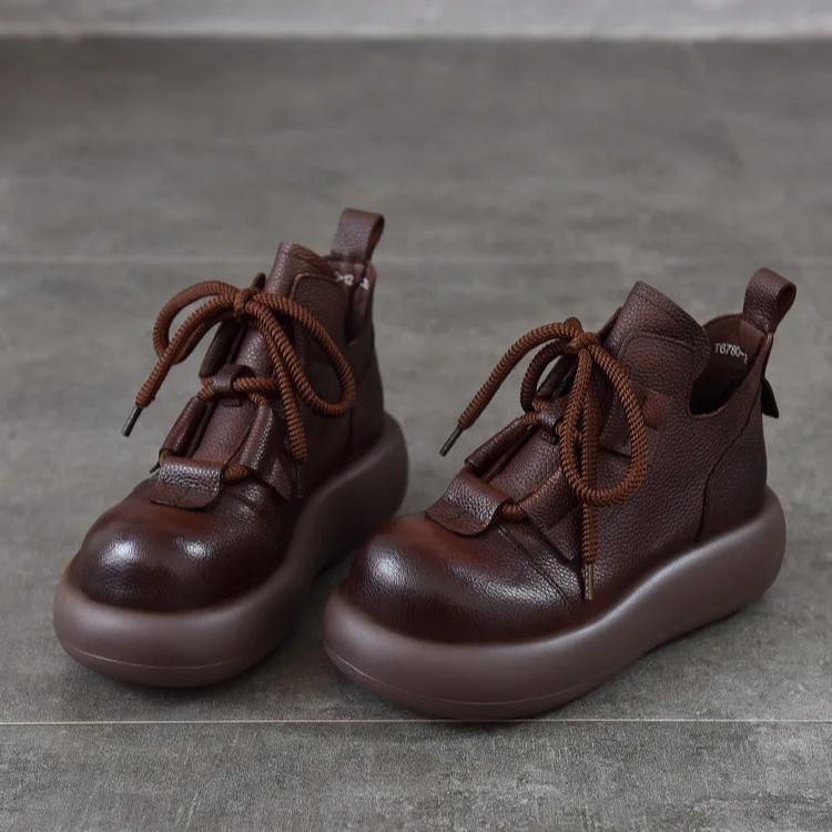 Johnature Retro Lace Up Platform Short Boots Genuine Leather Thick Soled Round Toe Women's Boots