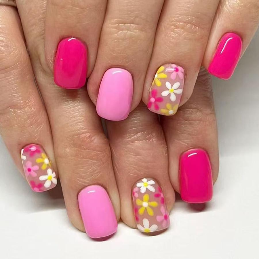 24Pcs Spring Summer Floral Green Leaf Short Square False Nails Finished Acrylic Press On Nails