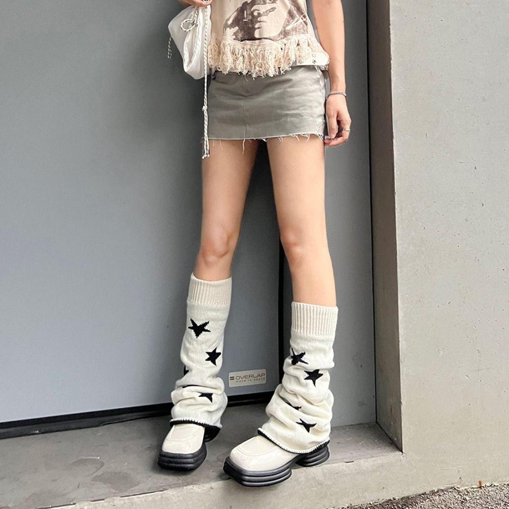 Asymmetric Knit Leg Warmers Lolita Style Wide Leg Warmers Star Pattern Leg Covers Winter Season