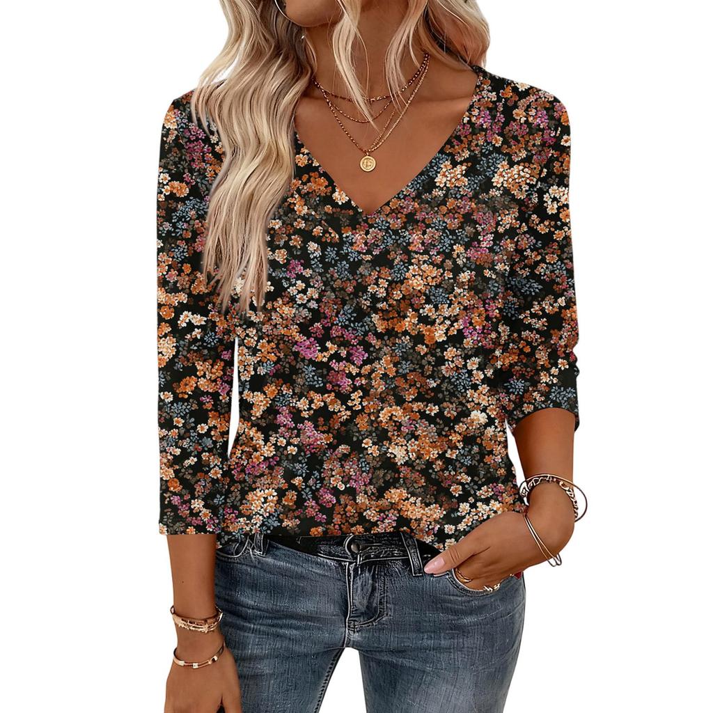 3/4 Length Sleeve Womens Tops V Neck Shirt  Casual Blouse Basic Tshirts