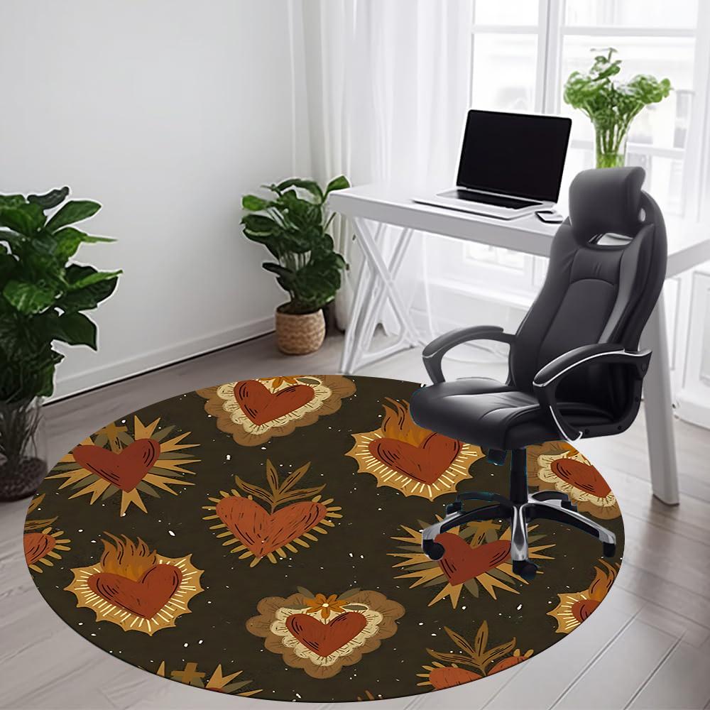 

1pc Heart Folklore Office Round Area Rug, Indoor Mat Suitable ForOffice, Under Office Chairs Bedroom Living Room Home Decor, Room Deco q058 80cm by 80cm