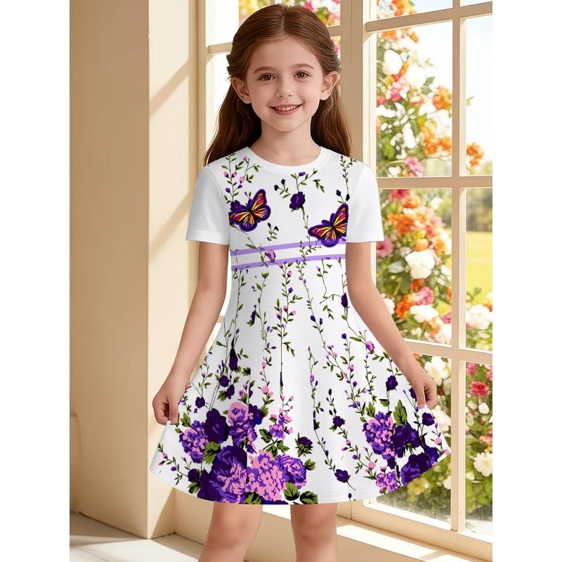 Girls' Summer Fashion Short-Sleeve Dress, 3D Cute Capybara Animal Print Casual Dress, Gift for Children,
