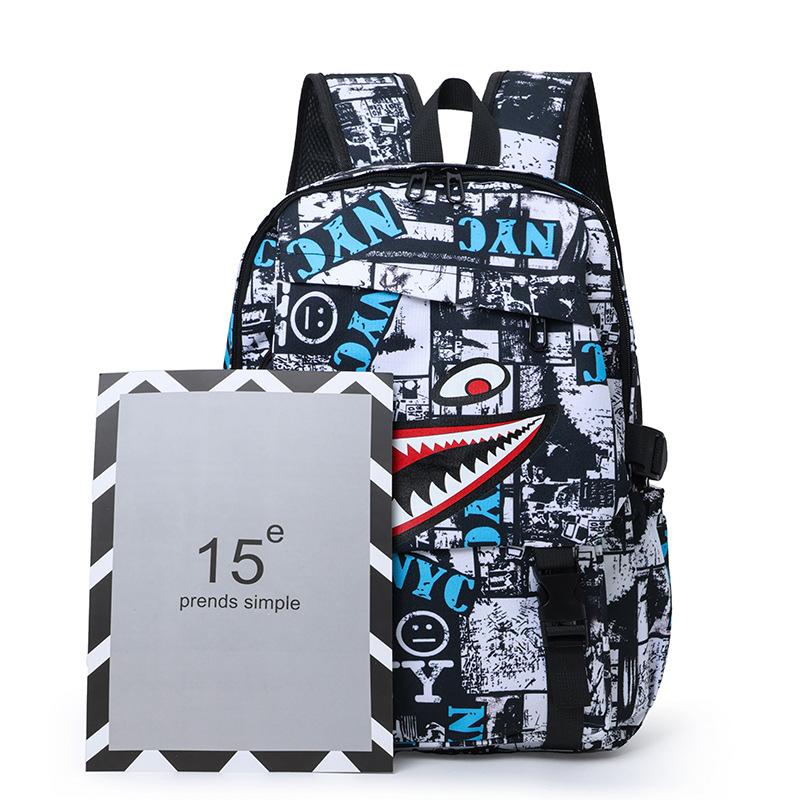 Personalized Graffiti Shark Backpack Korean Version of Male and Female Students Schoolbag Large Capacity Casual Versatile Sports Backpack