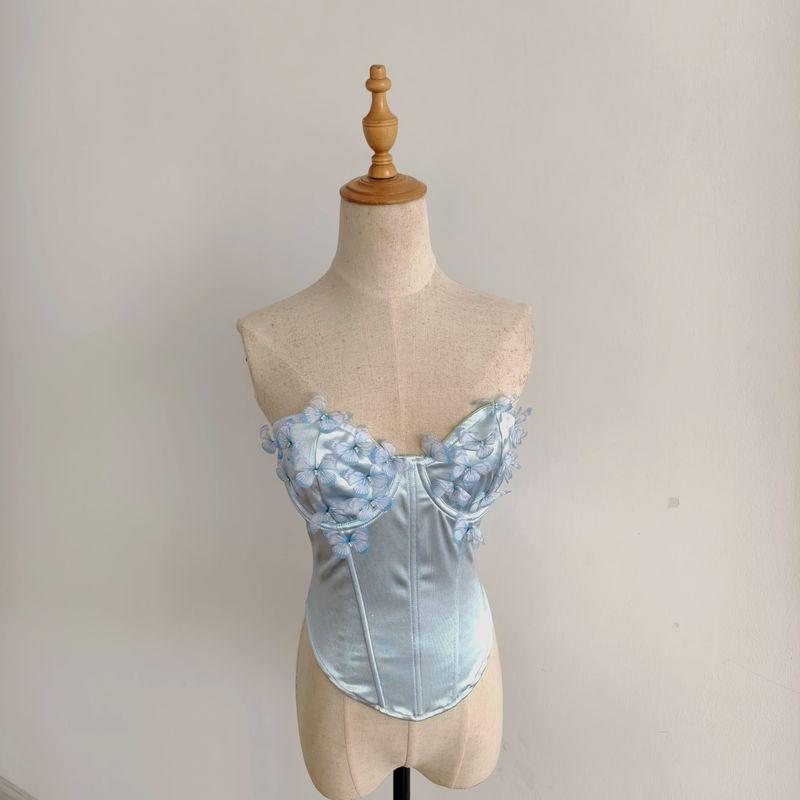 

Cross-Border Amazon Hot Sale Export Sexy Low Cut Satin Butterfly Tube Top Diamond Steel Ring Fishbone Tops Light Blue S