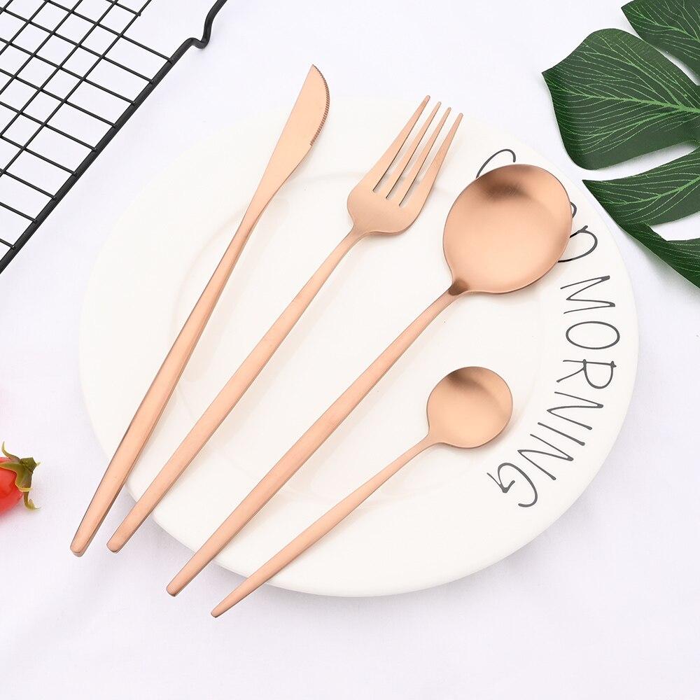 24 deler Matt Svart Gull Bestikksett Gaffel Skje Kniv Bestikksett Rustfritt stål Bestikk Komplett servisesett Kjøkken