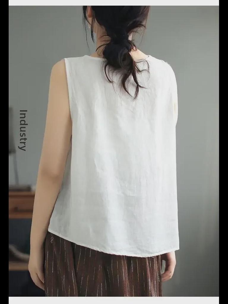 Camisola extragrande de algodón y lino para mujer: Top retro sin mangas versátil para el verano