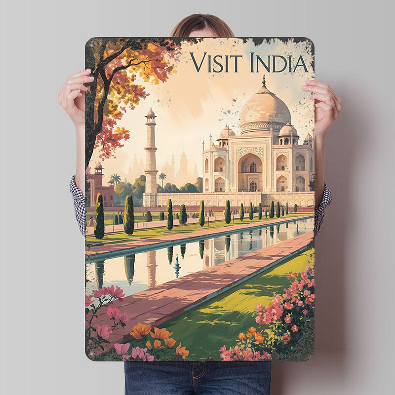 

Visit India Taj Mahal Travel Tinplate Poster Customized Wall Art Vintage Retro Metal Signs for Gaming Room Decoration Cozy Home 7.9x11.8In(20x30cm)