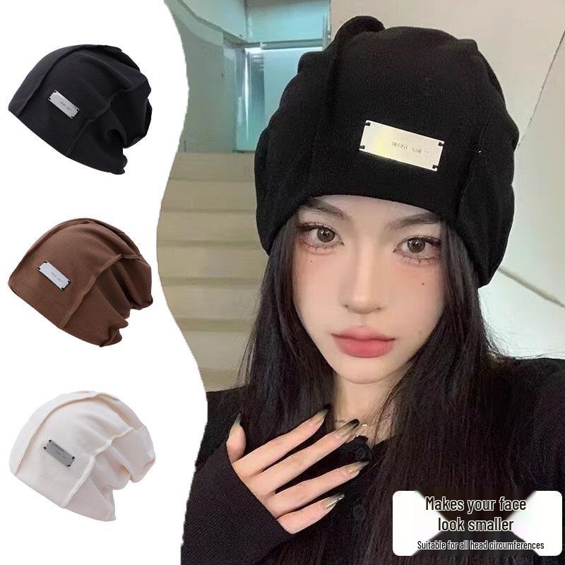 Women's Slouch Beanie: Metal Logo, Plain Color, Letter Knit, Large Head Circumference, Cloud Design - Autumn/Winter.