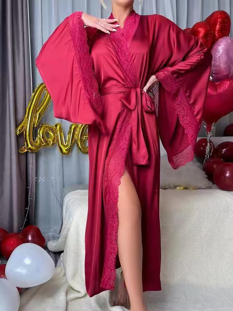 Elegant Black Lace-Trim Plus Size Robe with Belt – European & American Style Nightgown