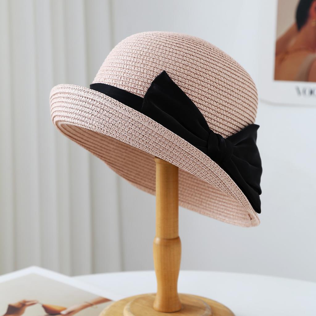 Curled Hepburn Sun Hat Bucket Hat Straw Hat Women's High-end Bow Sunscreen Straw Hat Seaside Beach Hat