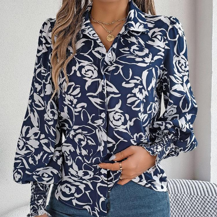 Elegante Bluse mit V-Ausschnitt und langen Ärmeln für Damen, Hemd mit Blumendruck für die Frühling- und Herbstsaison